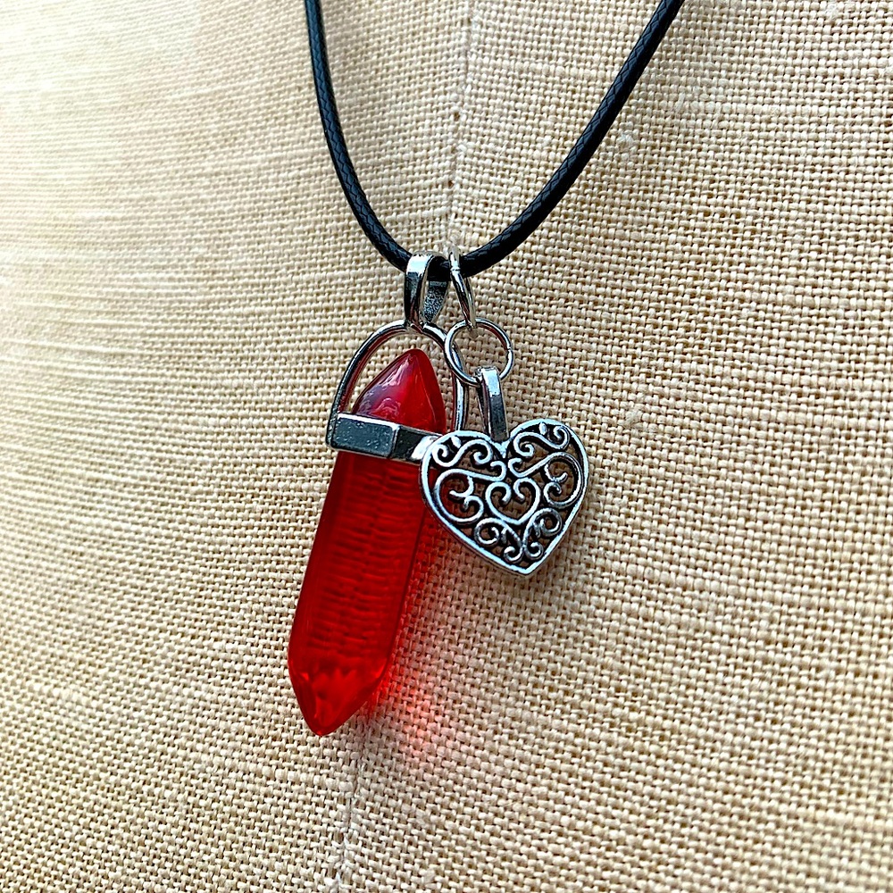 Handmade Blood Red Resin Crystal Amulet Necklace & Ornate Heart Charm